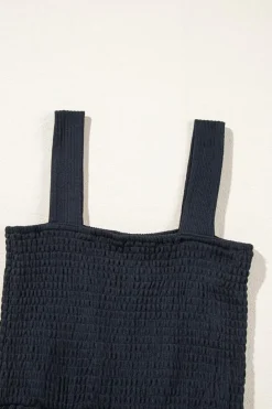 Sale Dear-Lover Smocked Bust Textured Knit Sleeveless Romper Black