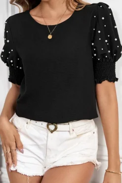 Outlet Dear-Lover Smocked Cuffs Pearled Puff Short Sleeve Elegant Summer Blouse Black