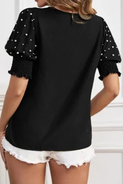 Outlet Dear-Lover Smocked Cuffs Pearled Puff Short Sleeve Elegant Summer Blouse Black