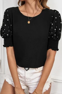 Outlet Dear-Lover Smocked Cuffs Pearled Puff Short Sleeve Elegant Summer Blouse Black