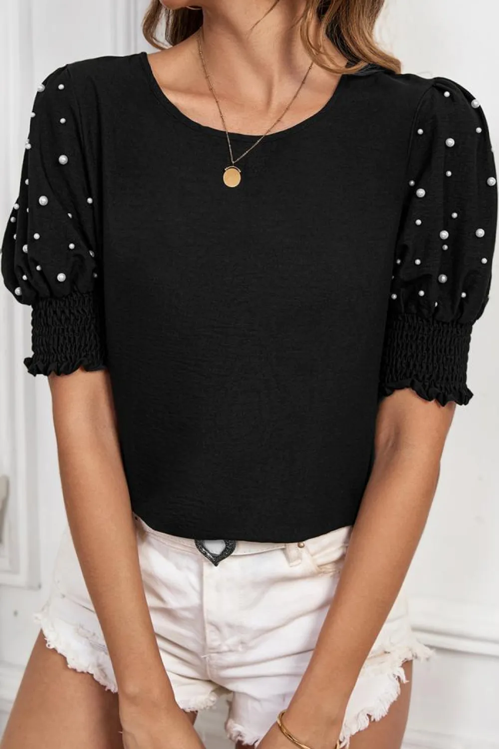 Outlet Dear-Lover Smocked Cuffs Pearled Puff Short Sleeve Elegant Summer Blouse Black