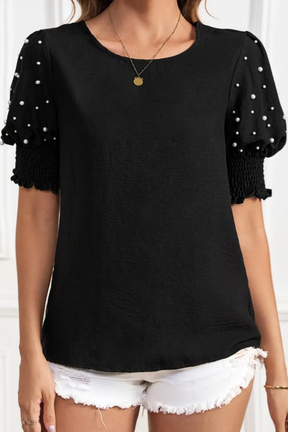 Outlet Dear-Lover Smocked Cuffs Pearled Puff Short Sleeve Elegant Summer Blouse Black