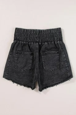 Clearance Dear-Lover Smocked High Waist Mineral Washed Jean Shorts Black