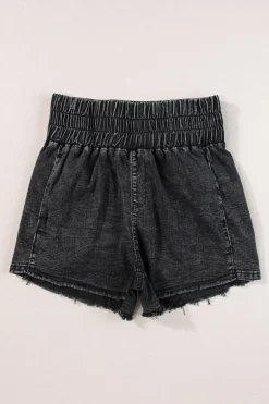 Clearance Dear-Lover Smocked High Waist Mineral Washed Jean Shorts Black