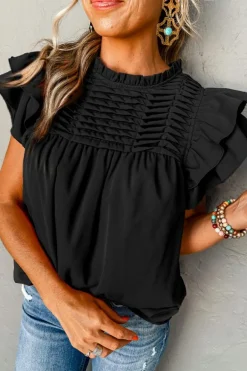 Fashion Dear-Lover Smocked Ruffle Sleeve Blouse Black