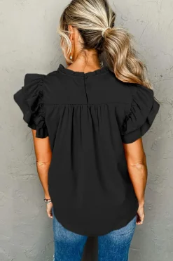 Fashion Dear-Lover Smocked Ruffle Sleeve Blouse Black