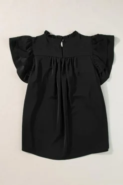 Fashion Dear-Lover Smocked Ruffle Sleeve Blouse Black