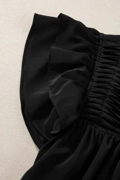 Fashion Dear-Lover Smocked Ruffle Sleeve Blouse Black