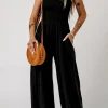 Online Dear-Lover Smocked Sleeveless Wide Leg Jumpsuit with Pockets Black