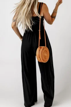 Online Dear-Lover Smocked Sleeveless Wide Leg Jumpsuit with Pockets Black