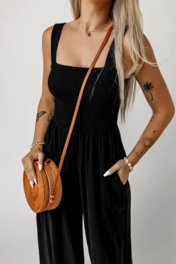 Online Dear-Lover Smocked Sleeveless Wide Leg Jumpsuit with Pockets Black