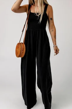 Online Dear-Lover Smocked Sleeveless Wide Leg Jumpsuit with Pockets Black