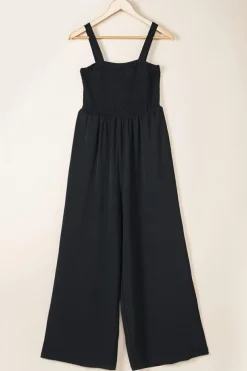 Online Dear-Lover Smocked Sleeveless Wide Leg Jumpsuit with Pockets Black