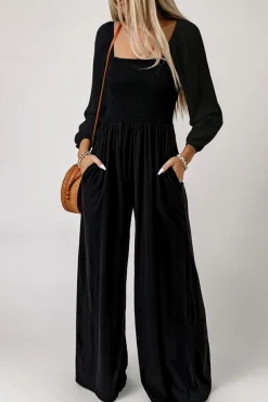 Fashion Dear-Lover Smocked Square Neck Long Sleeve Wide Leg Jumpsuit Black