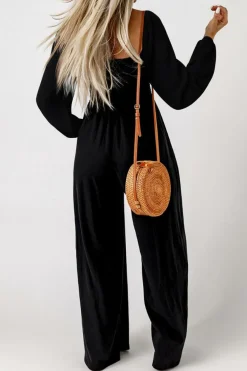 Fashion Dear-Lover Smocked Square Neck Long Sleeve Wide Leg Jumpsuit Black
