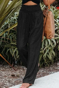 Hot Dear-Lover Smocked Wide Waistband High Waist Wide Leg Pants Black