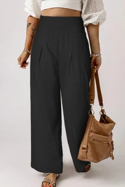 Hot Dear-Lover Smocked Wide Waistband High Waist Wide Leg Pants Black