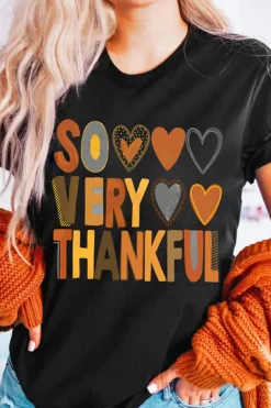 Hot Dear-Lover So Very Thankful Heart Printed Crewneck Thanksgiving T Shirt Black