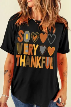 Hot Dear-Lover So Very Thankful Heart Printed Crewneck Thanksgiving T Shirt Black