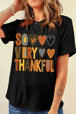 Hot Dear-Lover So Very Thankful Heart Printed Crewneck Thanksgiving T Shirt Black