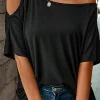 Outlet Dear-Lover Solid Asymmetrical Neck Loose Casual T-Shirt Black