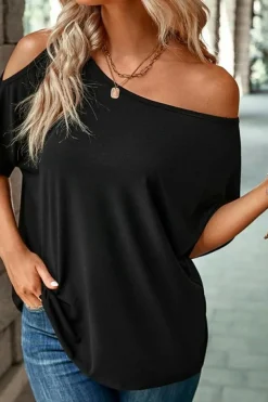 Outlet Dear-Lover Solid Asymmetrical Neck Loose Casual T-Shirt Black