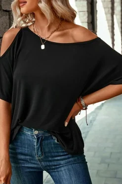 Outlet Dear-Lover Solid Asymmetrical Neck Loose Casual T-Shirt Black