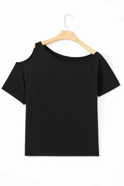 Outlet Dear-Lover Solid Asymmetrical Neck Loose Casual T-Shirt Black