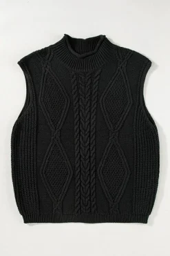 Clearance Dear-Lover Solid Color Cable Knit High Neck Sweater Vest Black