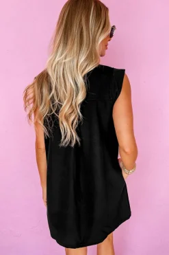 Fashion Dear-Lover Solid Color Collared Slit Neck Sleeveless Mini Dress Black