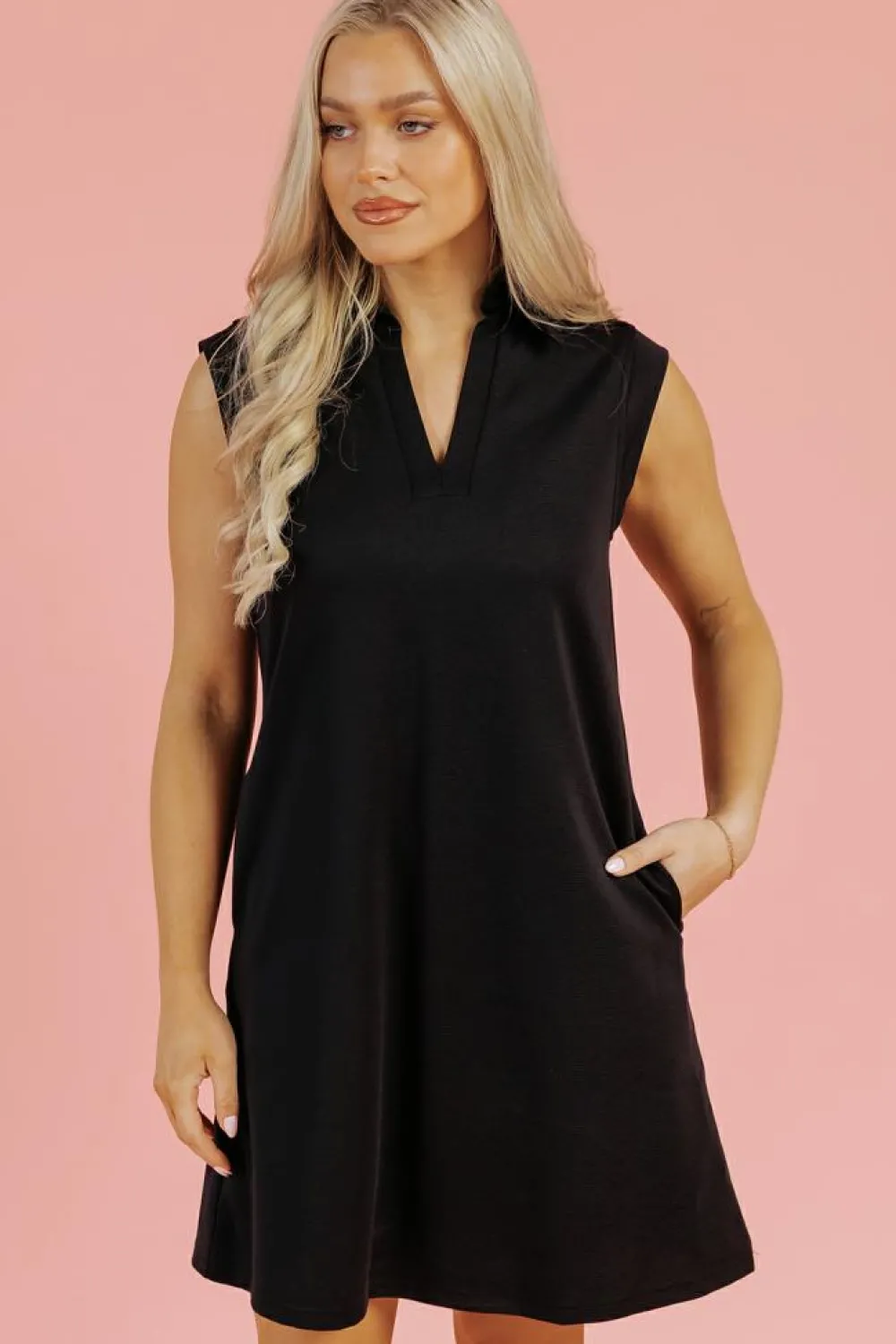 Fashion Dear-Lover Solid Color Collared Slit Neck Sleeveless Mini Dress Black