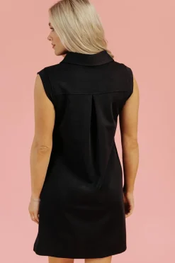 Fashion Dear-Lover Solid Color Collared Slit Neck Sleeveless Mini Dress Black