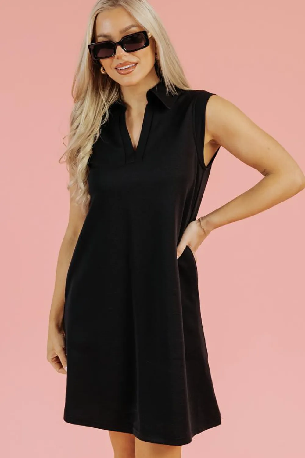 Fashion Dear-Lover Solid Color Collared Slit Neck Sleeveless Mini Dress Black
