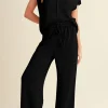 Fashion Dear-Lover Solid Color Corded Short Sleeve Top and Casual Pants Set Black