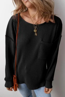 Outlet Dear-Lover Solid Color Corded Drop Shoulder Long Sleeve Top Black