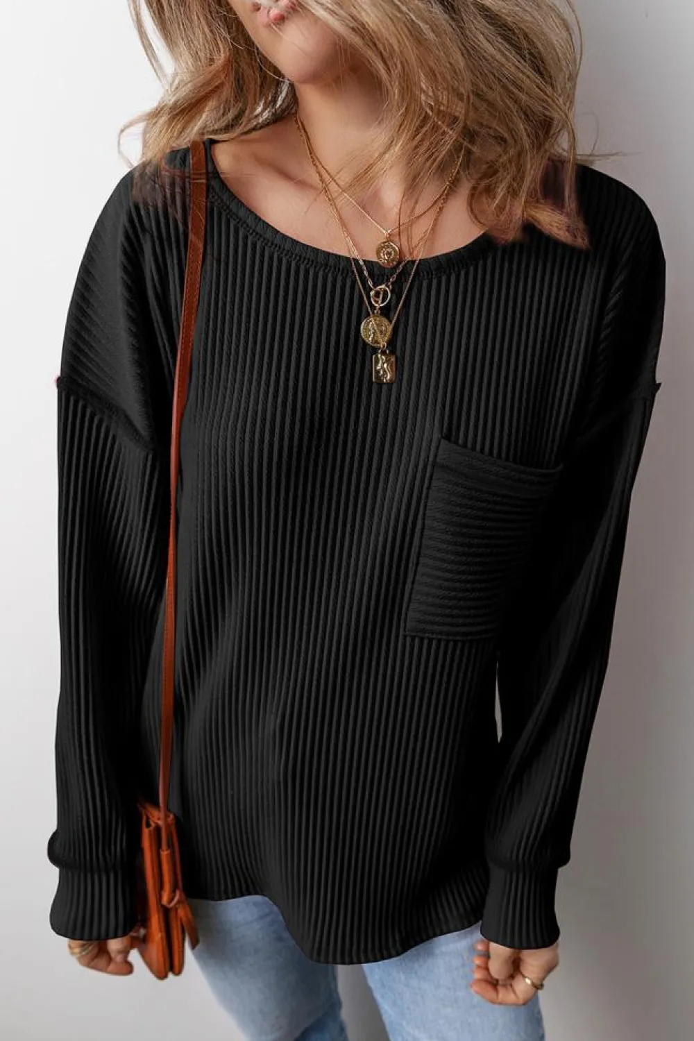 Outlet Dear-Lover Solid Color Corded Drop Shoulder Long Sleeve Top Black