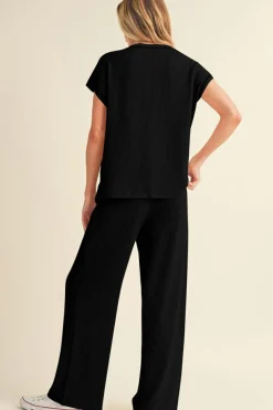 Fashion Dear-Lover Solid Color Corded Short Sleeve Top and Casual Pants Set Black