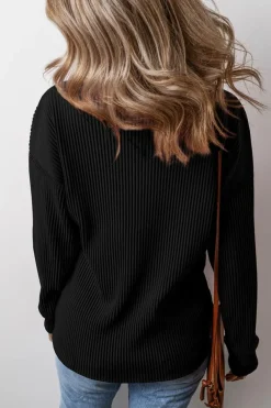 Outlet Dear-Lover Solid Color Corded Drop Shoulder Long Sleeve Top Black