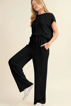 Fashion Dear-Lover Solid Color Corded Short Sleeve Top and Casual Pants Set Black