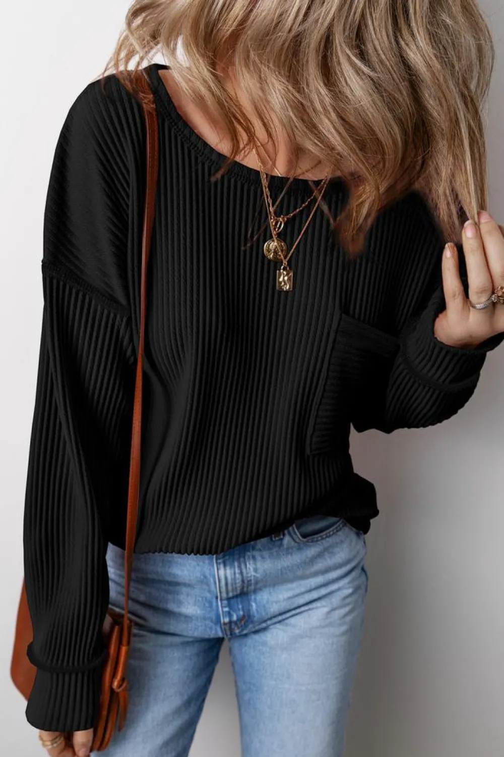 Outlet Dear-Lover Solid Color Corded Drop Shoulder Long Sleeve Top Black