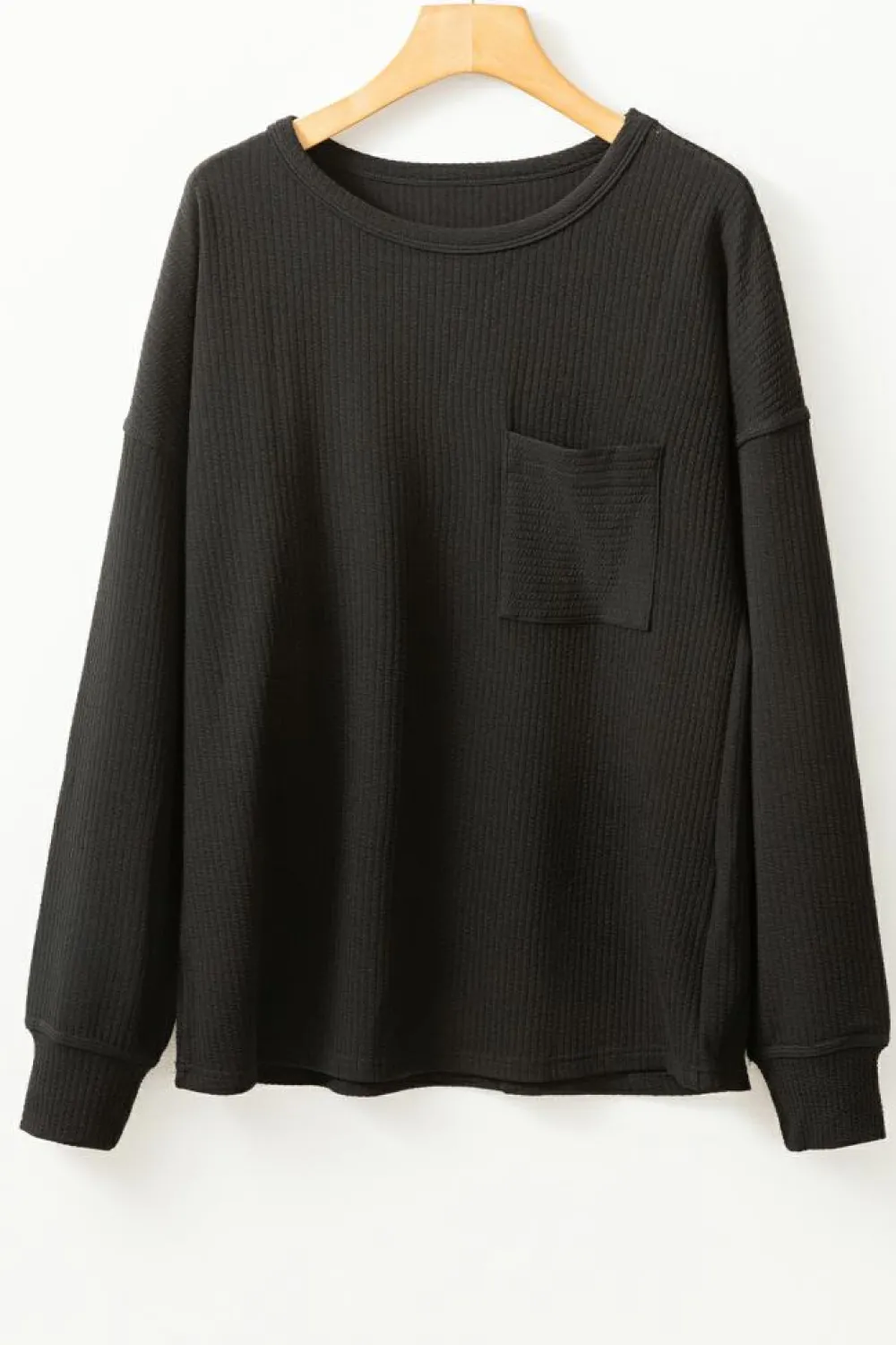 Outlet Dear-Lover Solid Color Corded Drop Shoulder Long Sleeve Top Black