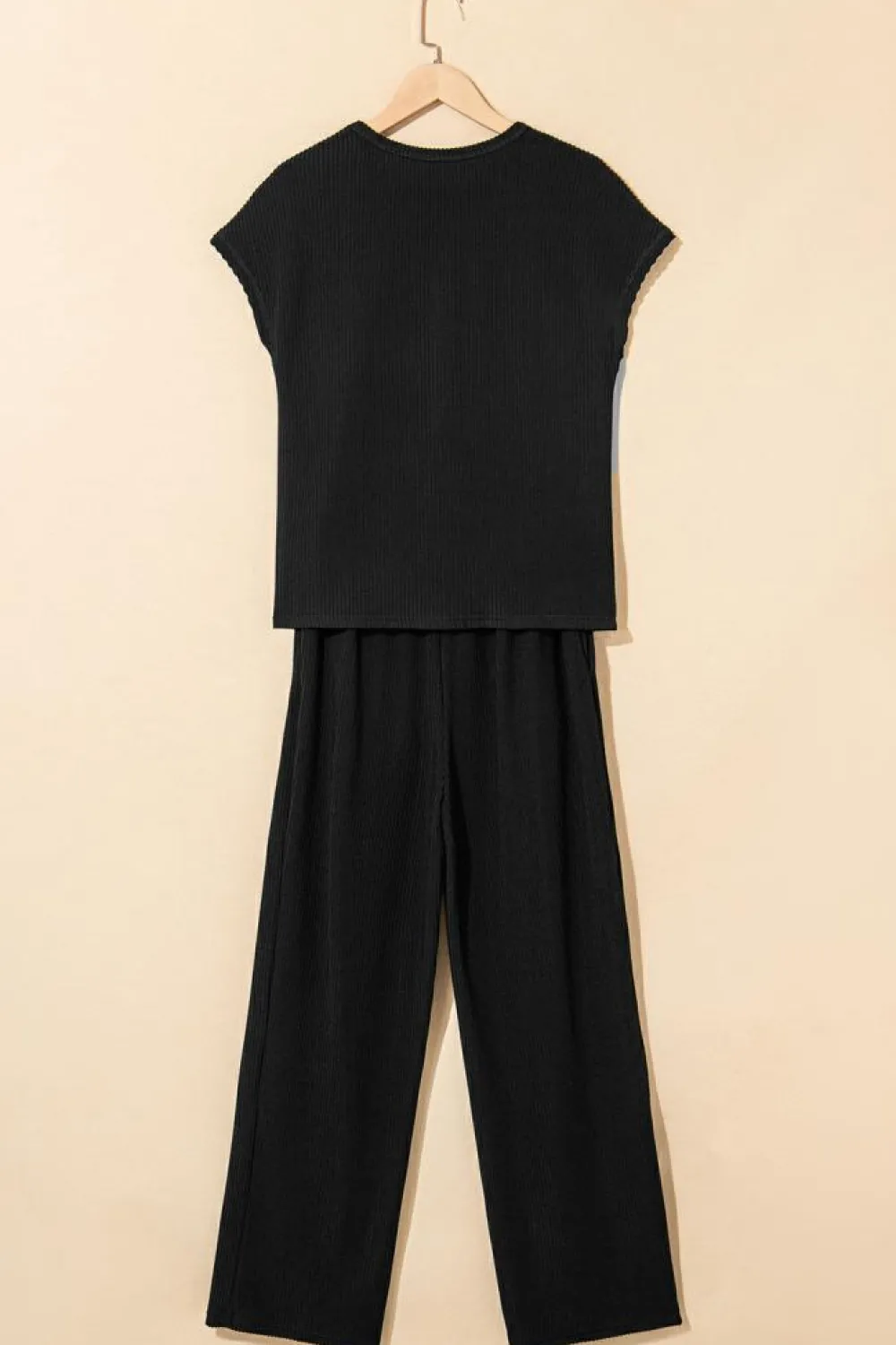 Fashion Dear-Lover Solid Color Corded Short Sleeve Top and Casual Pants Set Black