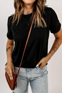 Fashion Dear-Lover Solid Color Crew Neck Tee Black