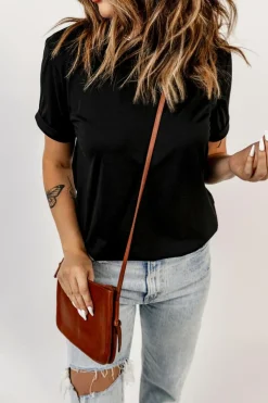 Fashion Dear-Lover Solid Color Crew Neck Tee Black