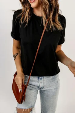 Fashion Dear-Lover Solid Color Crew Neck Tee Black