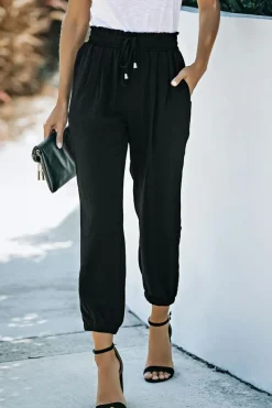 Discount Dear-Lover Solid Color Drawstring Smocked Waist Joggers Black
