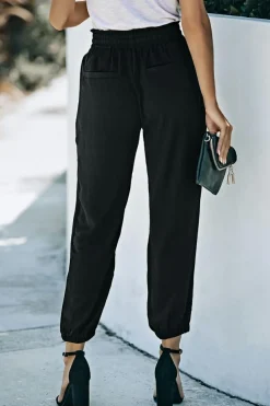 Discount Dear-Lover Solid Color Drawstring Smocked Waist Joggers Black