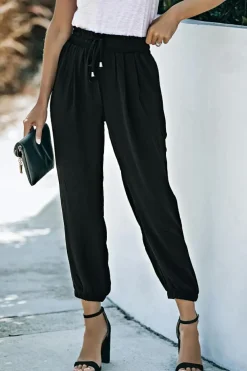 Discount Dear-Lover Solid Color Drawstring Smocked Waist Joggers Black