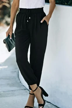 Discount Dear-Lover Solid Color Drawstring Smocked Waist Joggers Black