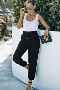 Discount Dear-Lover Solid Color Drawstring Smocked Waist Joggers Black